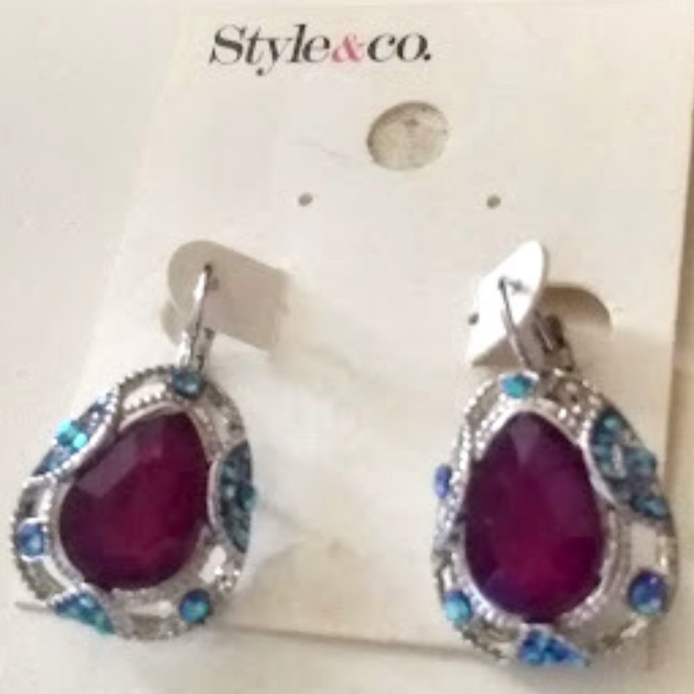 STYLE & CO. Retro Silver Red Purple/Aqua Crystal Lever Back Earrings**NEW! - Picture 3 of 4